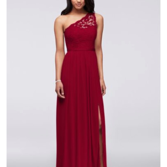David's Bridal Dresses & Skirts - Wine colored Long one shoulder lace bridesmaid dress